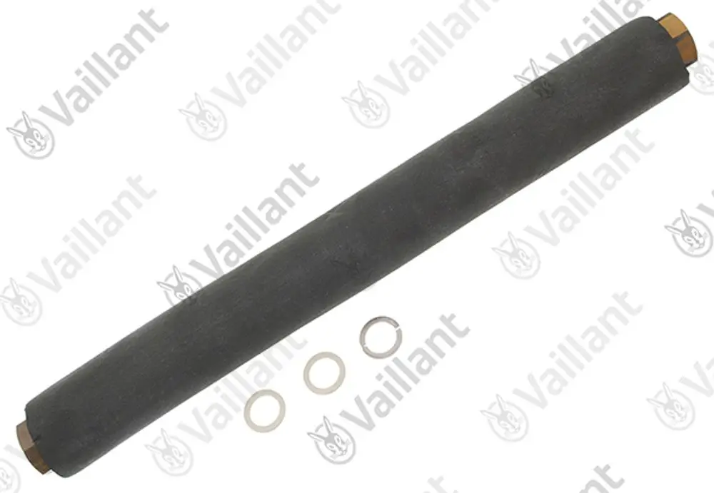 Vaillant Wellrohr in zylindrischer Form, mit einer glatten Oberfläche und zwei Verbindungsteilen, daneben drei Dichtungsringe.